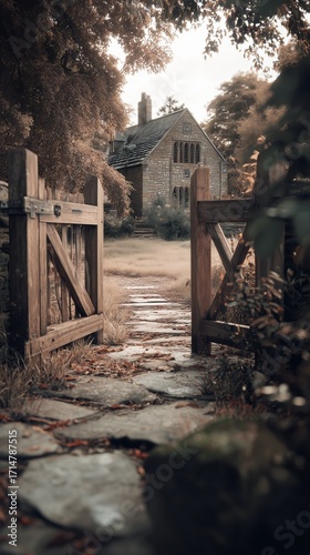 Charming Garden Gate Leading to a Stone Cottage in a Serene Rural Landscape a...