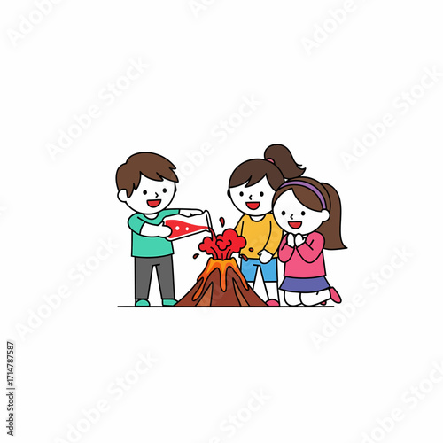Illustration of children conducting a science experiment with a model volcano, creating an eruption.