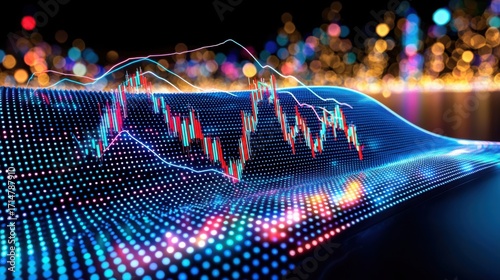 Financial Analysis: A dynamic digital representation of financial markets, highlighting the volatility and complexities of the financial world through abstract lines and intricate designs.