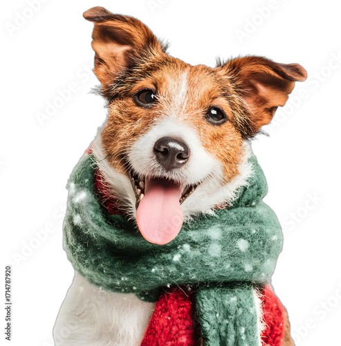 Cute dog in green and red scarf with Christmas decorations on white background, perfect for postcard and poster design capturing festive holiday vibe in high resolution
