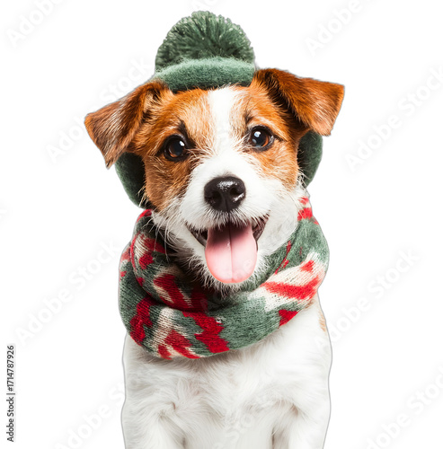 Cute dog in green and red scarf with Christmas decorations on white background, perfect for postcard and poster design capturing festive holiday vibe in high resolution
