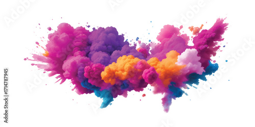 Multicolor powder explosion on White background. Colored cloud.Paint Holi .Colorful dust explode. colorful rainbow Holi paint color powder explosion with bright colors isolated white background.