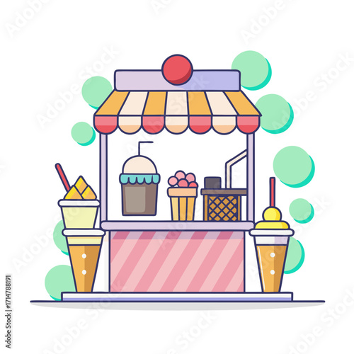 Colorful ice cream and drink stand with refreshing beverages and treats
