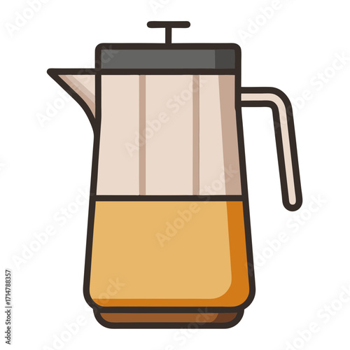 Stylized illustration of a french press coffee maker with amber liquid