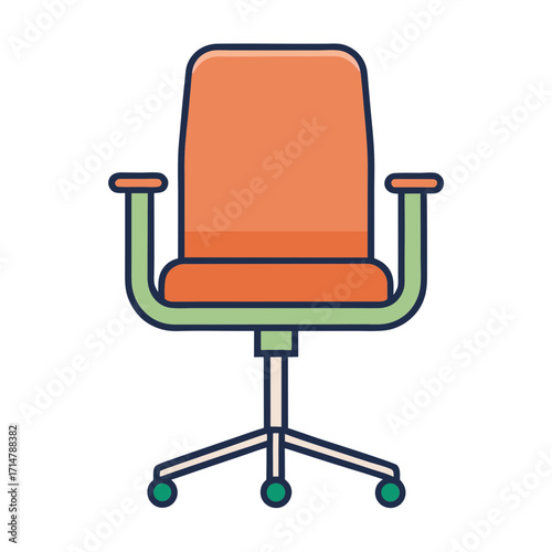 Modern orange office chair with green accents and wheels