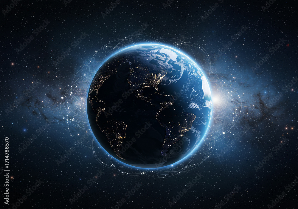 Fototapeta premium Global network connecting the world with bright city lights shining on Earth in space, perfect for business