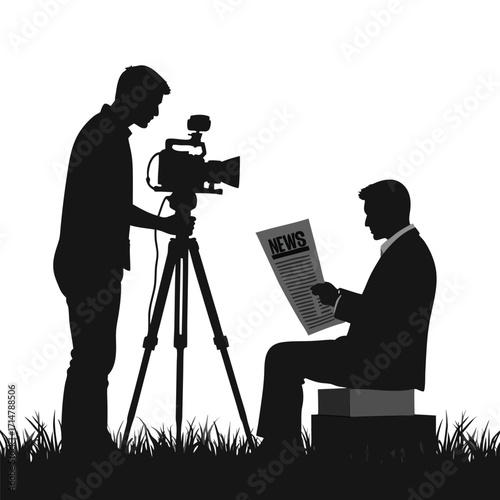 Silhouette of cameraman filming man reading newspaper