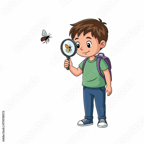 A cartoon boy with a backpack looks at a butterfly through a magnifying glass.