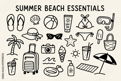 Beach Essentials Doodle Set. Summer beach essentials doodle set: hand drawn icons of vacation items