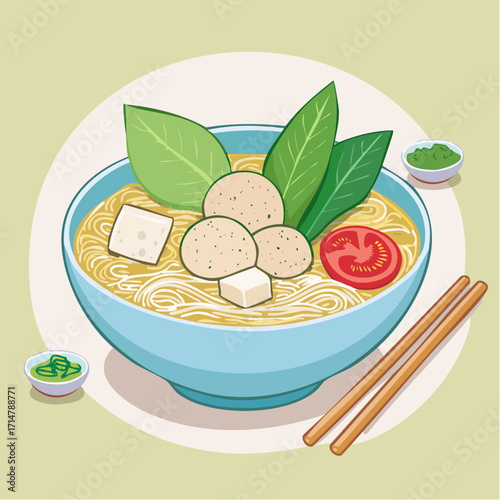 Modern Flat Design of Indonesian Bakso Bowl with Tofu and Vegetables