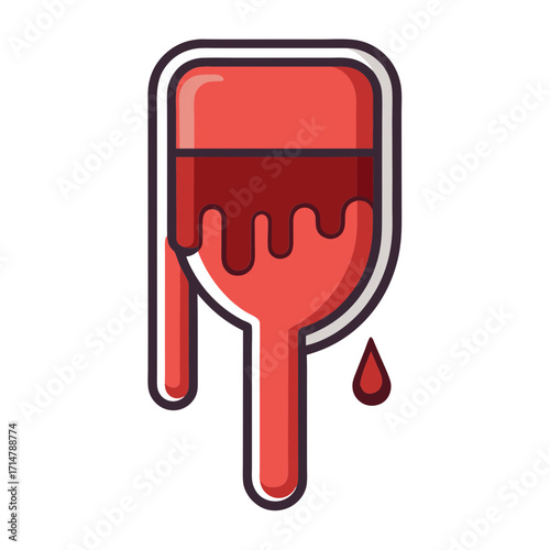 Stylized illustration of a blood bag dripping red liquid