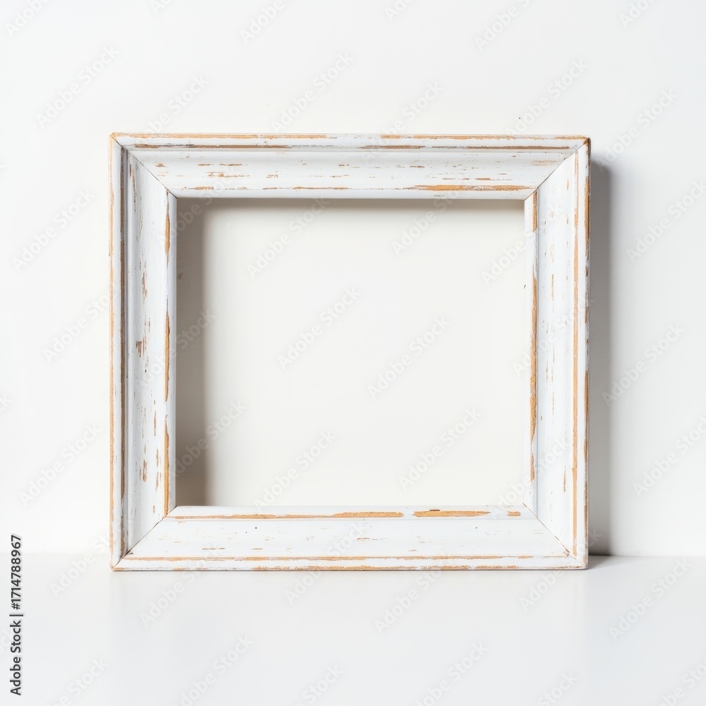Fototapeta premium Rustic White Wooden Square Frame Mockup. A charming, rustic square photo frame with a distressed white-painted finish, showcasing visible wood grain and scuffed edges. The frame is propped up on a cle