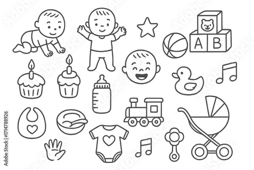 Baby Milestone Icons. First year baby milestones doodle set: hand drawn icons for celebrating early childhood No text, No labels,