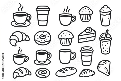 Coffee and Pastries Doodles. Coffee and bakery doodle set: hand drawn icons of cups and pastries, , No text, No labels, isolated