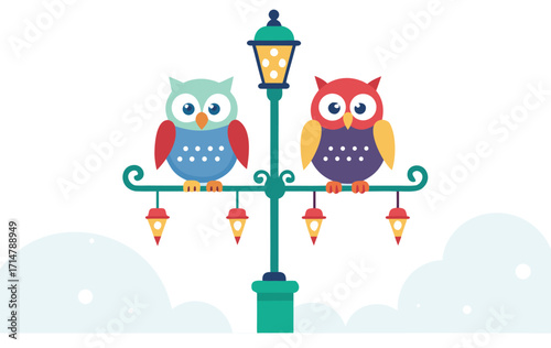 Two colorful cartoon owls perched on a lamp post during a snowfall