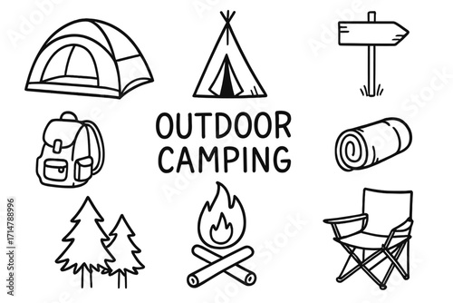 Camping Doodle Icons. Outdoor camping doodle set: hand drawn icons of tents and isolated transparent background