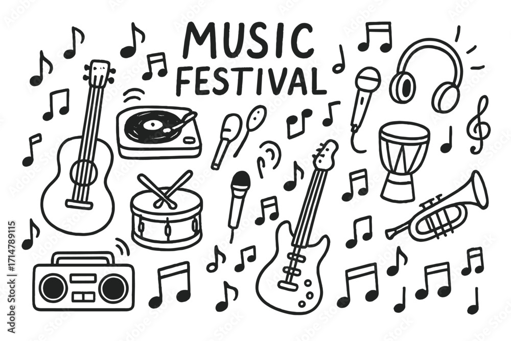 Obraz premium Music Festival Doodle Icons. Music festival doodle set: hand drawn icons of instruments and notes isolated transparent background