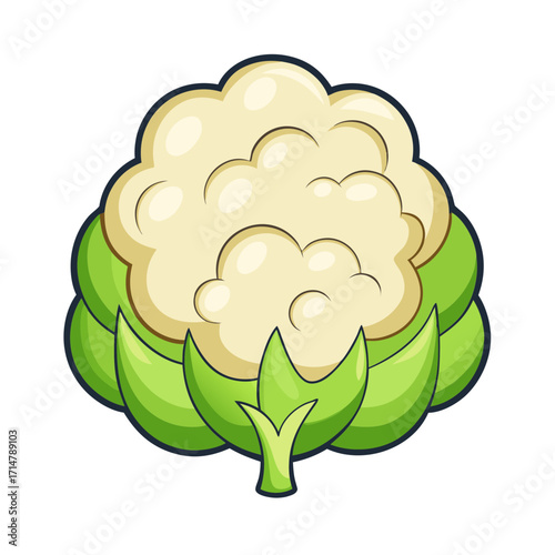 Cartoon cauliflower vegetable illustration with green leaves