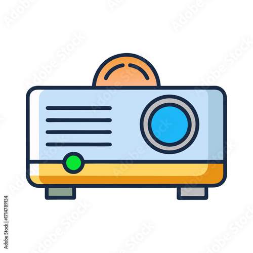 Modern digital projector icon with blue lens and orange accent