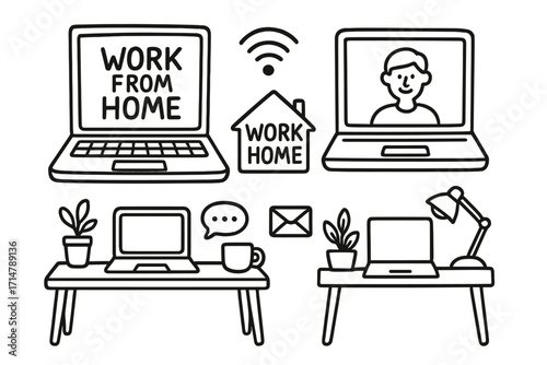 Home Office Doodle Icons. Digital work from home doodle set: hand drawn icons of laptops and desks isolated transparent background