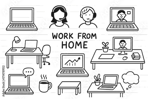 Home Office Doodle Icons. Digital work from home doodle set: hand drawn icons of laptops and desks isolated transparent background