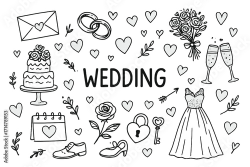 Wedding Doodles Set. Wedding essentials doodle set: hand drawn romantic elements isolated transparent background