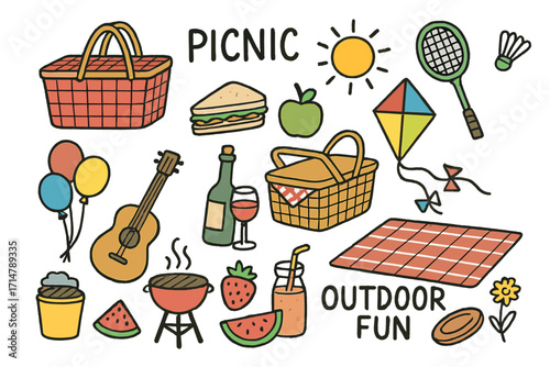 Summer Picnic Doodles. Picnic and outdoor fun doodle set: hand drawn summer items, isolated transparent background