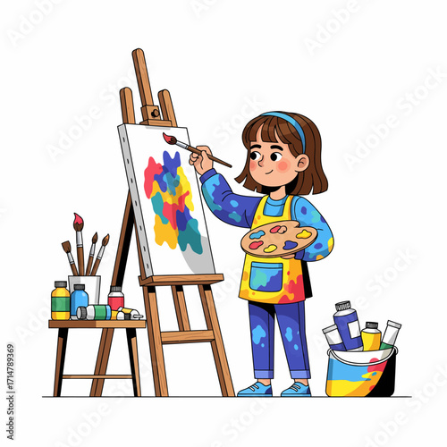 Creative young girl artist in an apron painting a colorful abstract picture on a canvas with an easel.