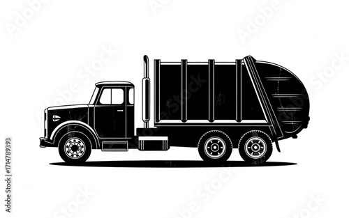 Monochromatic Illustration of a Classic Garbage Truck Ideal for Vintage Designs and Environmental Awareness Projects emphasizing urban sanitation and retro transportation