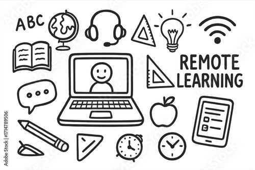 Educational Doodle Collection. Remote learning doodle set: hand drawn education tools, isolated transparent background