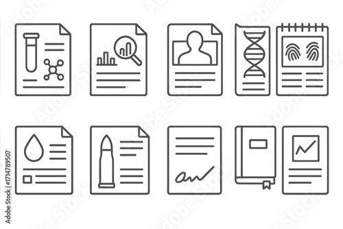 Forensic Document Icons. Line style icons of forensic documents: lab report icon, analysis sheet, autopsy file, DNA result page,