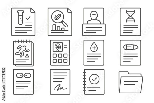Forensic Document Icons. Line style icons of forensic documents: lab report icon, analysis sheet, autopsy file, DNA result page,