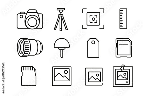 Forensic Photography Icons. Line style icons of forensic photography: DSLR camera icon, tripod setup, close-up shot frame, scale
