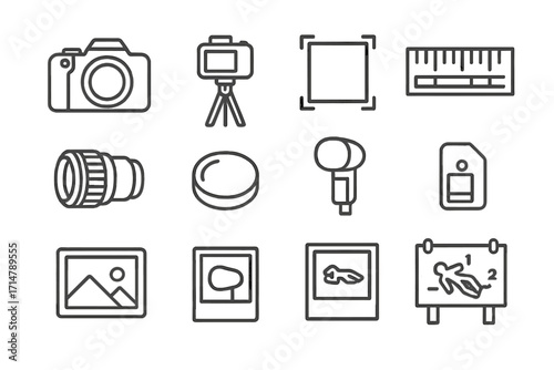 Forensic Photography Icons. Line style icons of forensic photography: DSLR camera icon, tripod setup, close-up shot frame, scale