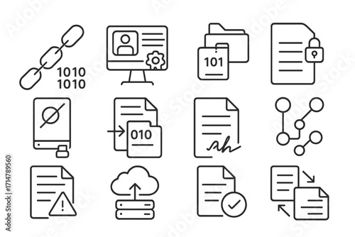 Forensic Data Icons. Line style icons of forensic data handling: data chain form, case management software, file labeling system,
