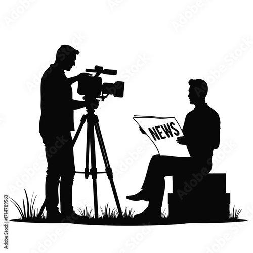 Silhouette of cameraman filming man reading newspaper
