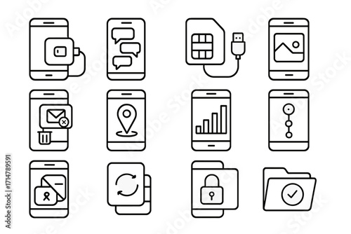 Mobile Forensics Icons. Line style icons of mobile forensics: phone extraction tool, chat log icon, SIM card reader, screenshot