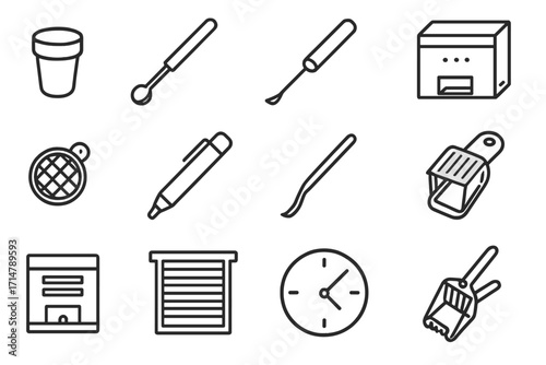 Queen Rearing Icons. Line style icons of queen rearing tools: queen cell cup, cell punch, grafting tool, mating box, queen cage