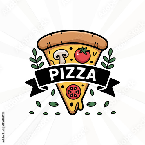 Delicious Pizza Slice Illustration with Toppings and Ribbon Banner for Restaurant Promotion and Menu Design with Cheerful Style