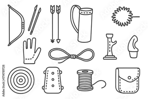 Traditional Archery Gear Icons. Line style icons of traditional archery gear: wood longbow, hand-cut arrows, leather quiver, fur