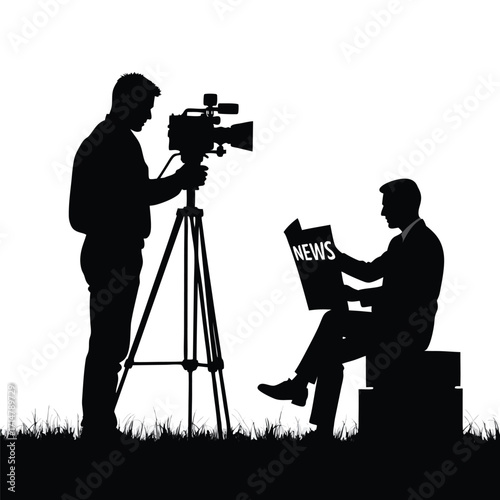 Silhouette of cameraman filming man reading newspaper