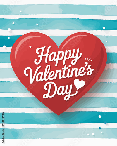 Happy Valentines Day message with red heart and striped blue background perfect for greetings cards and social media posts for Valentines celebrations