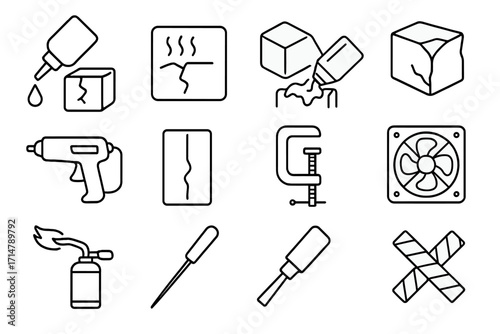 Ice Sculpting Repair Icons. Line style icons of emergency fixes in ice sculpting: crack repair fluid, heat weld symbol, backup