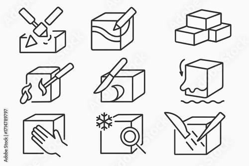 Sculpting Technique Icons. Line style icons of sculpting techniques: chip removal, contour marking, layering ice, heat shaping,
