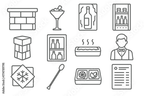 Ice Bar Elements. Line style icons of ice bar elements: ice bar counter, frozen cocktail glass, bottle in ice block, LED-lit shot