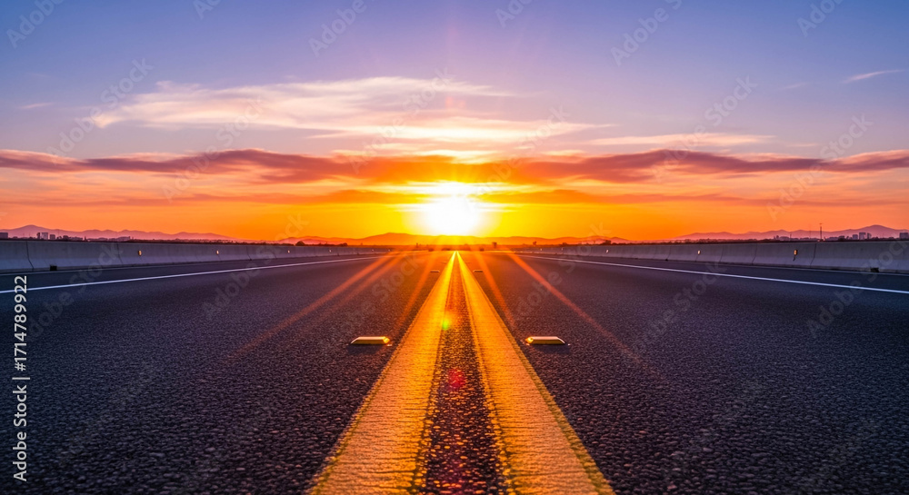 Naklejka premium Empty Road with Yellow Center Lines Leading to Horizon at Sunrise