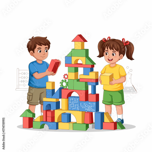 Two children are happily building a colorful tower together with wooden blocks, smiling.