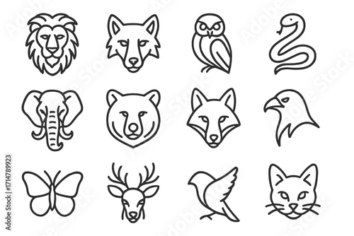 Animal Symbolism Icons. Line style icons of animal symbolism in tattoos: lion, wolf, owl, snake, elephant, bear, fox, raven,