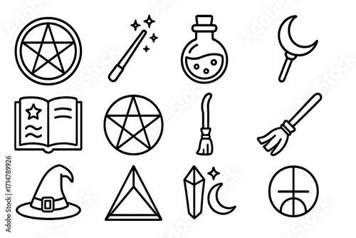 Magical Tattoo Icons. Line style icons of magical tattoo motifs: magic circle, wand and sparkles, potion bottle, open spellbook,