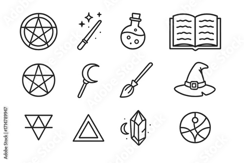 Magical Tattoo Icons. Line style icons of magical tattoo motifs: magic circle, wand and sparkles, potion bottle, open spellbook,